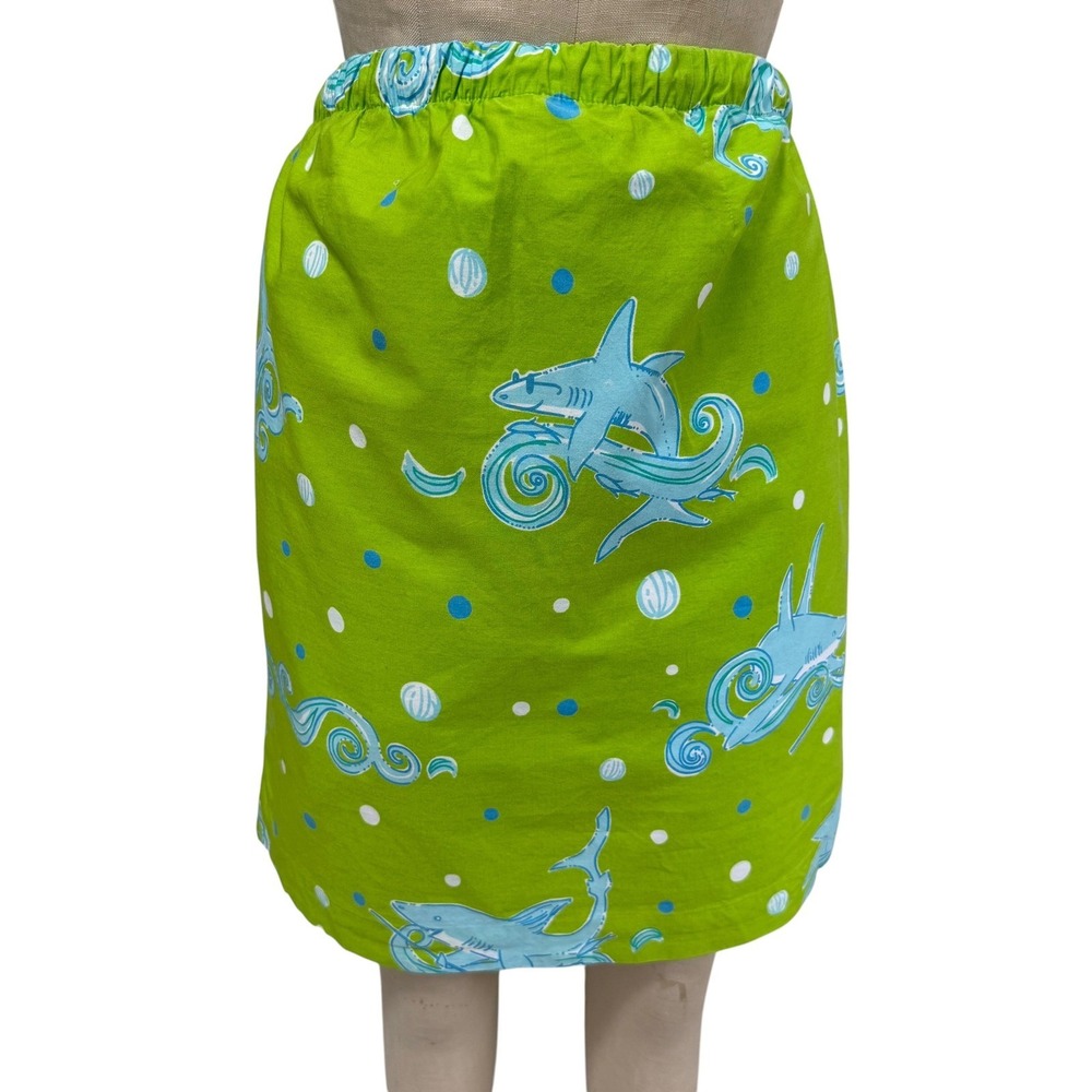 Vintage Lilly Pulitzer Straight Skirt Womens L Green Shark Print Cotton Novelty